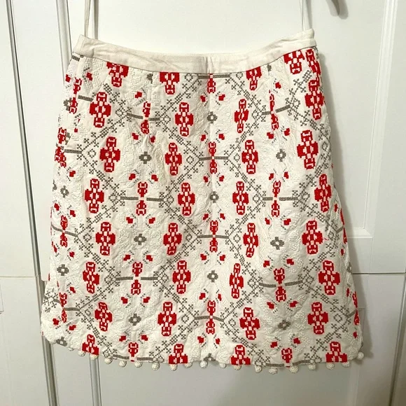 Anthropologie Maeve Blomma Pom Pom Skirt cream and orangey red with side zip - Picture 1 of 7